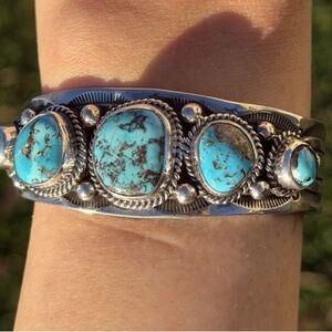 Navajo Native American Sterling Silver Blue Turquoise Row Cuff Bracelet J Nelson